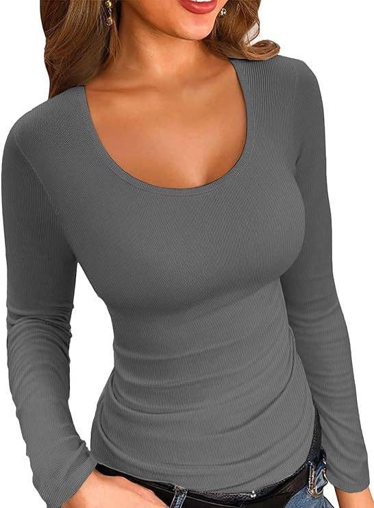 Ribbed Scoop Neck Long Sleeve Slim Fit