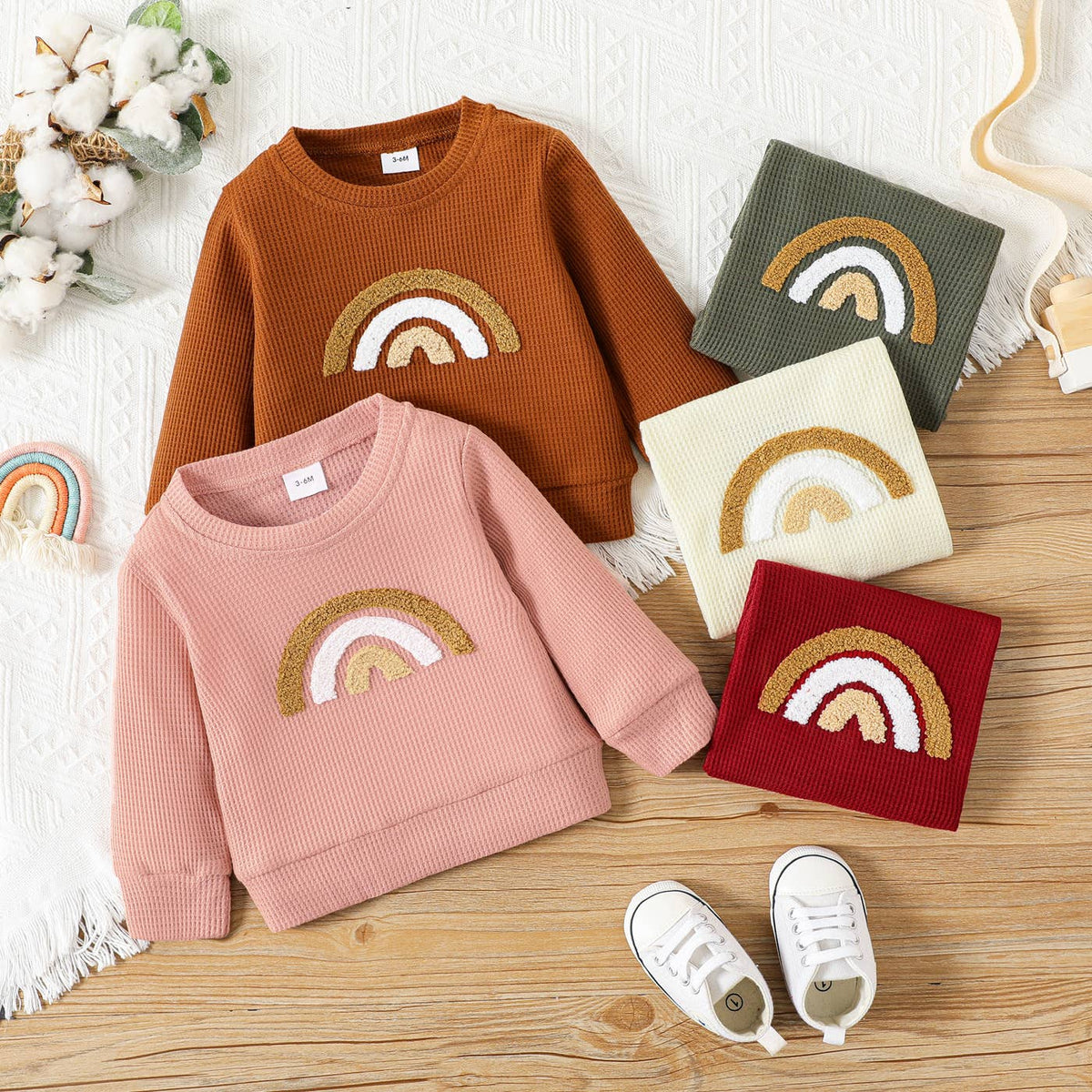 Baby BoyGirl Rainbow Pattern Waffle Long-sleeve Sweatshirt
