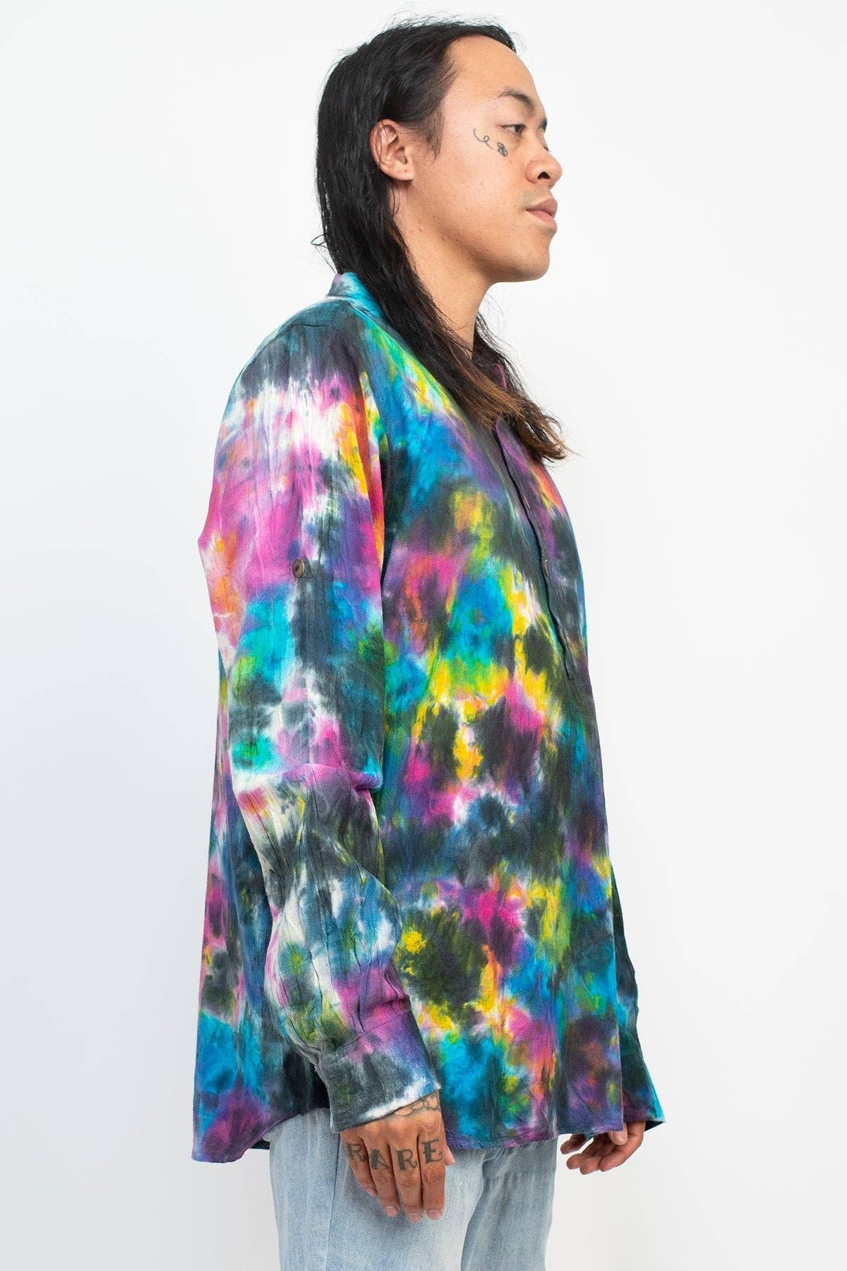 Tie-dye Homespun Long Sleeve Men's Cotton Henley Shirt