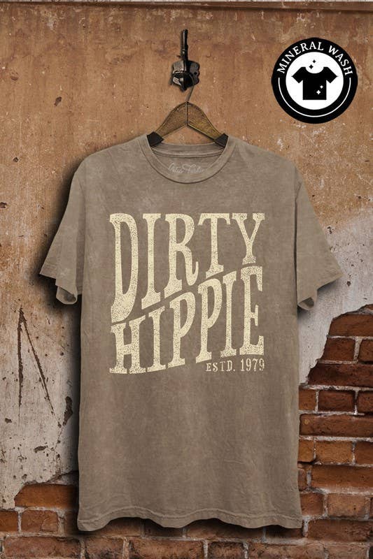 2XL- Dirty Hippie Graphic Top: Mocha Mineral Wash / 2XL