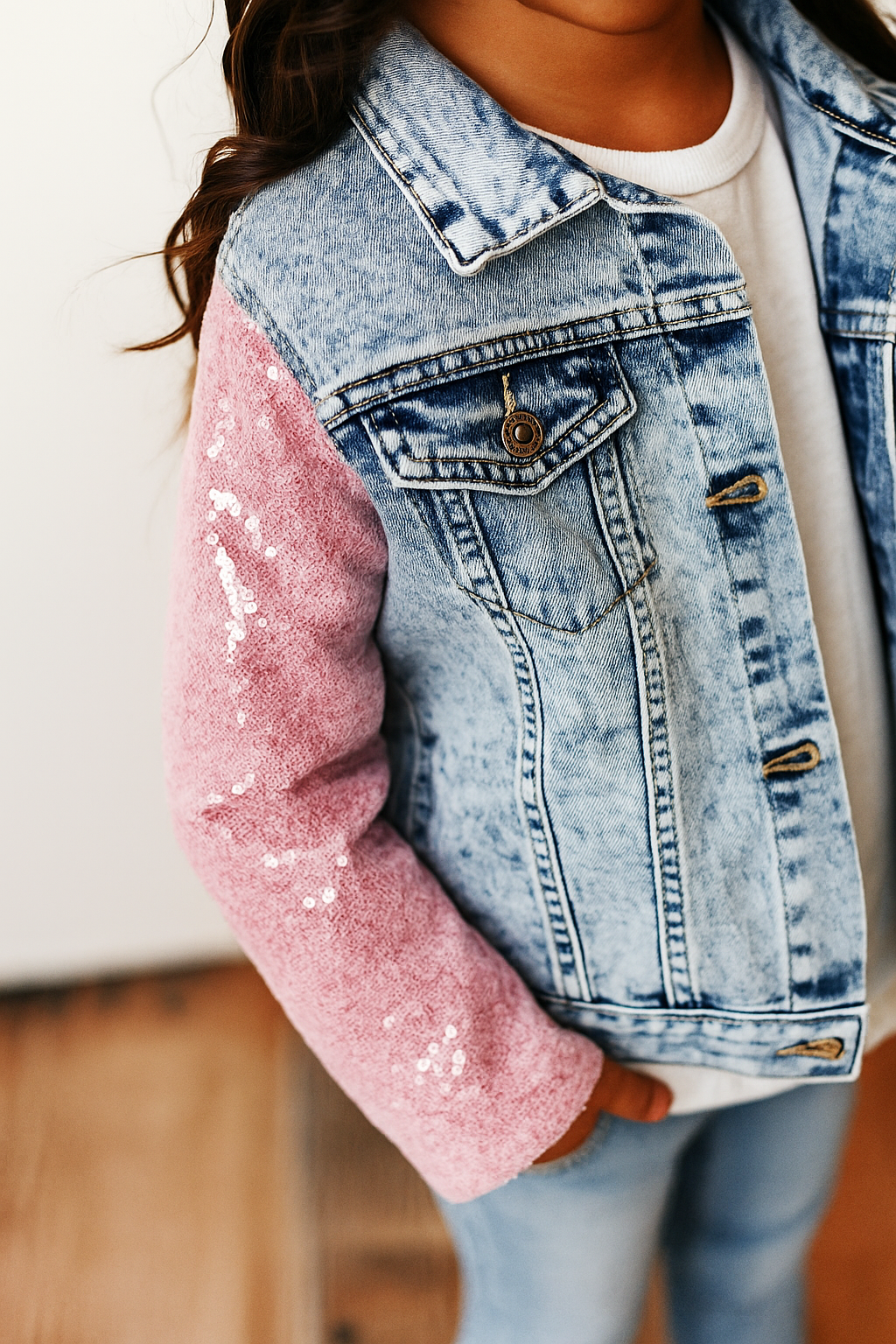 Kids Pink Sequin & Light Wash Denim Button Pocket Jacket