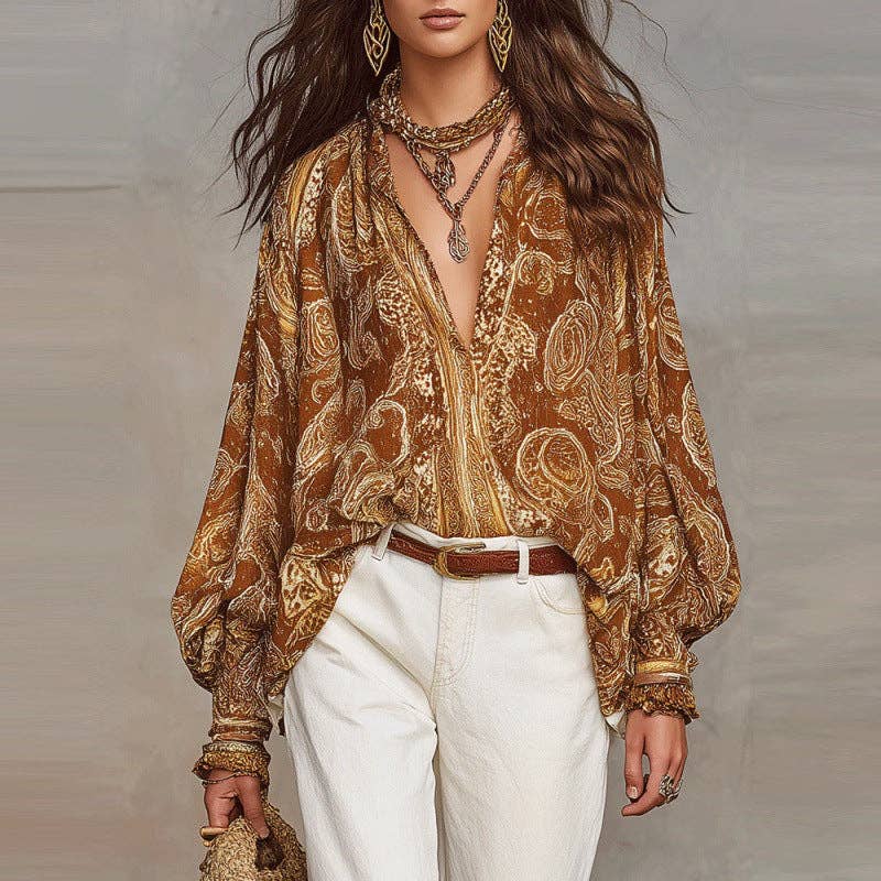 Boho Paisley V-Neck Long Sleeve Blouse