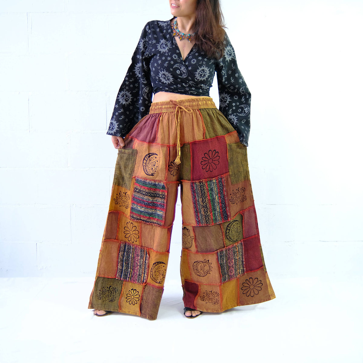 OS-Cotton Patchwork Wide Leg Boho Pants