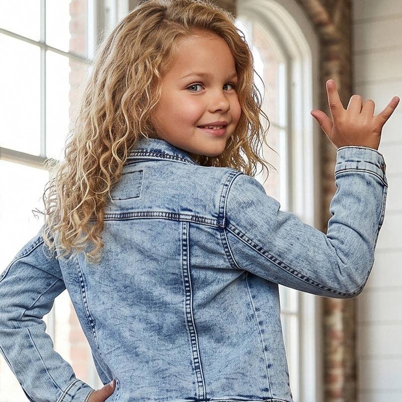 Kids Luxe Gold Sequin & Light Wash Denim Button Jacket