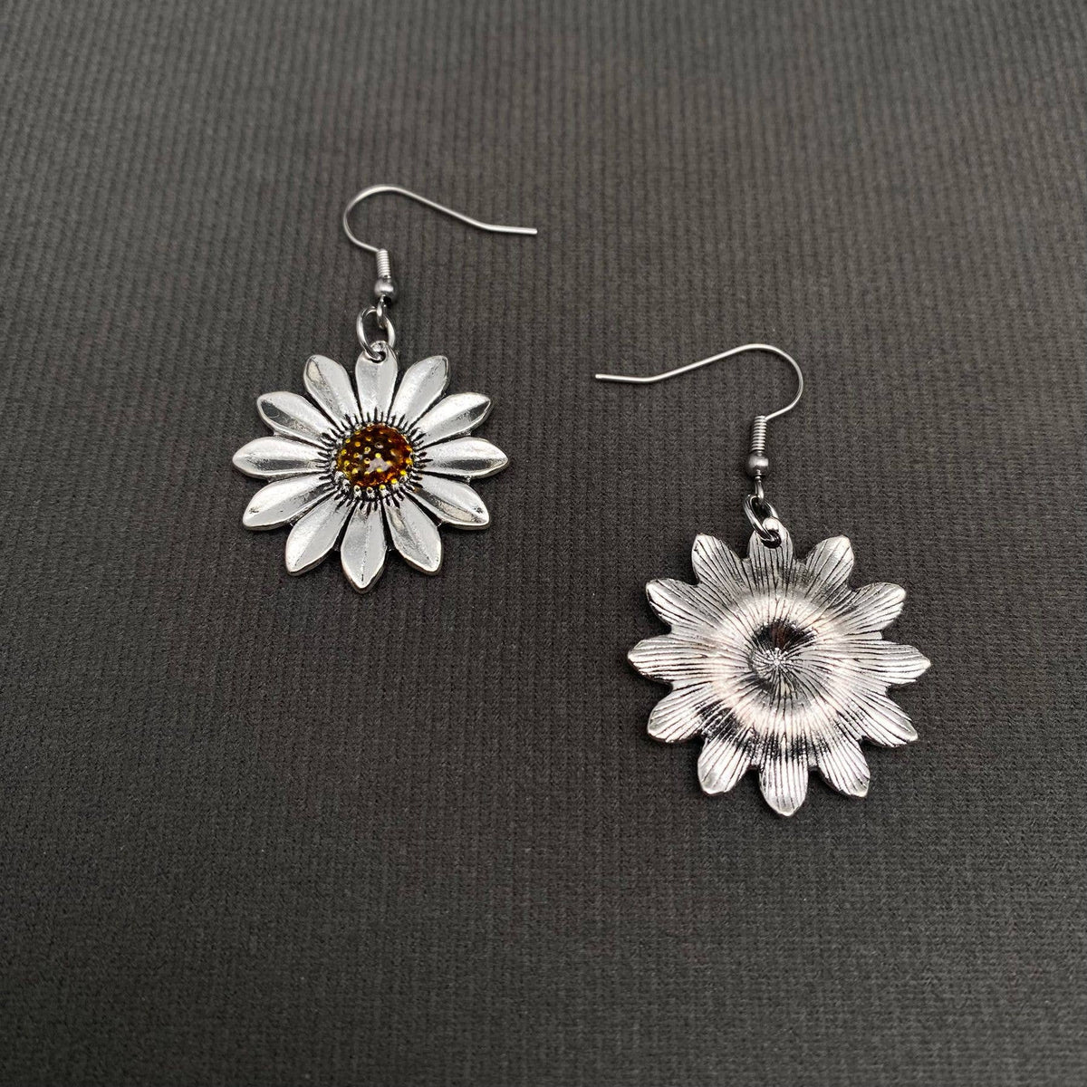 Silver Tone Enamel Sunflower Dangle Earrings