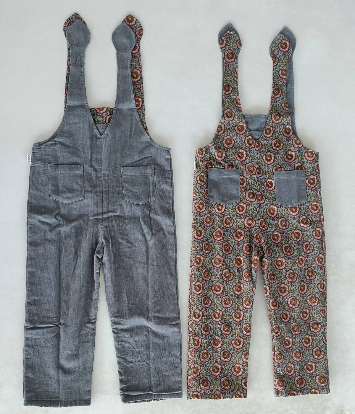 Reversible Solid Grey Corduroy & Grey Floral Printed Jumpsuit : Infant : Baby : Toddler : Tween : Kids