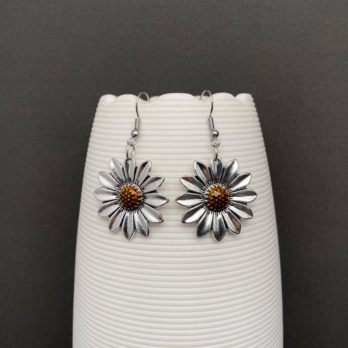 Silver Tone Enamel Sunflower Dangle Earrings