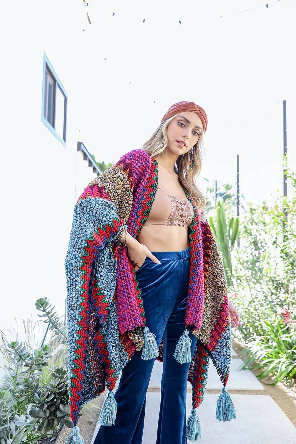 Unique Patterned Crochet Ruana – Colorful Tassel Cardigan ❤️: Magenta