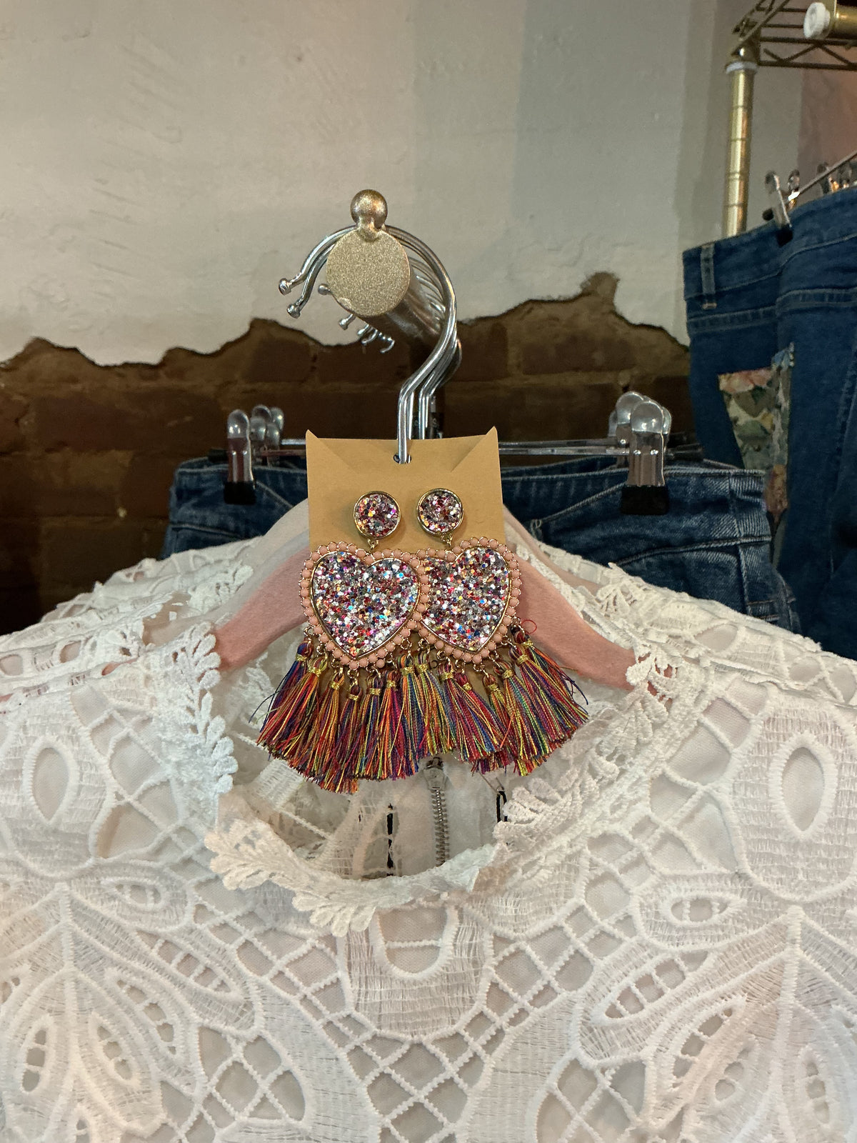 Sparkling Heart & Fringe Earrings