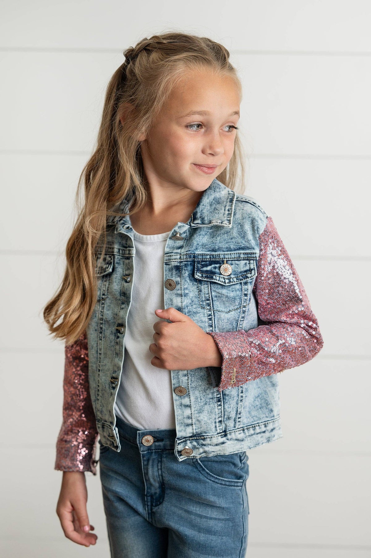 Kids Pink Sequin & Light Wash Denim Button Pocket Jacket