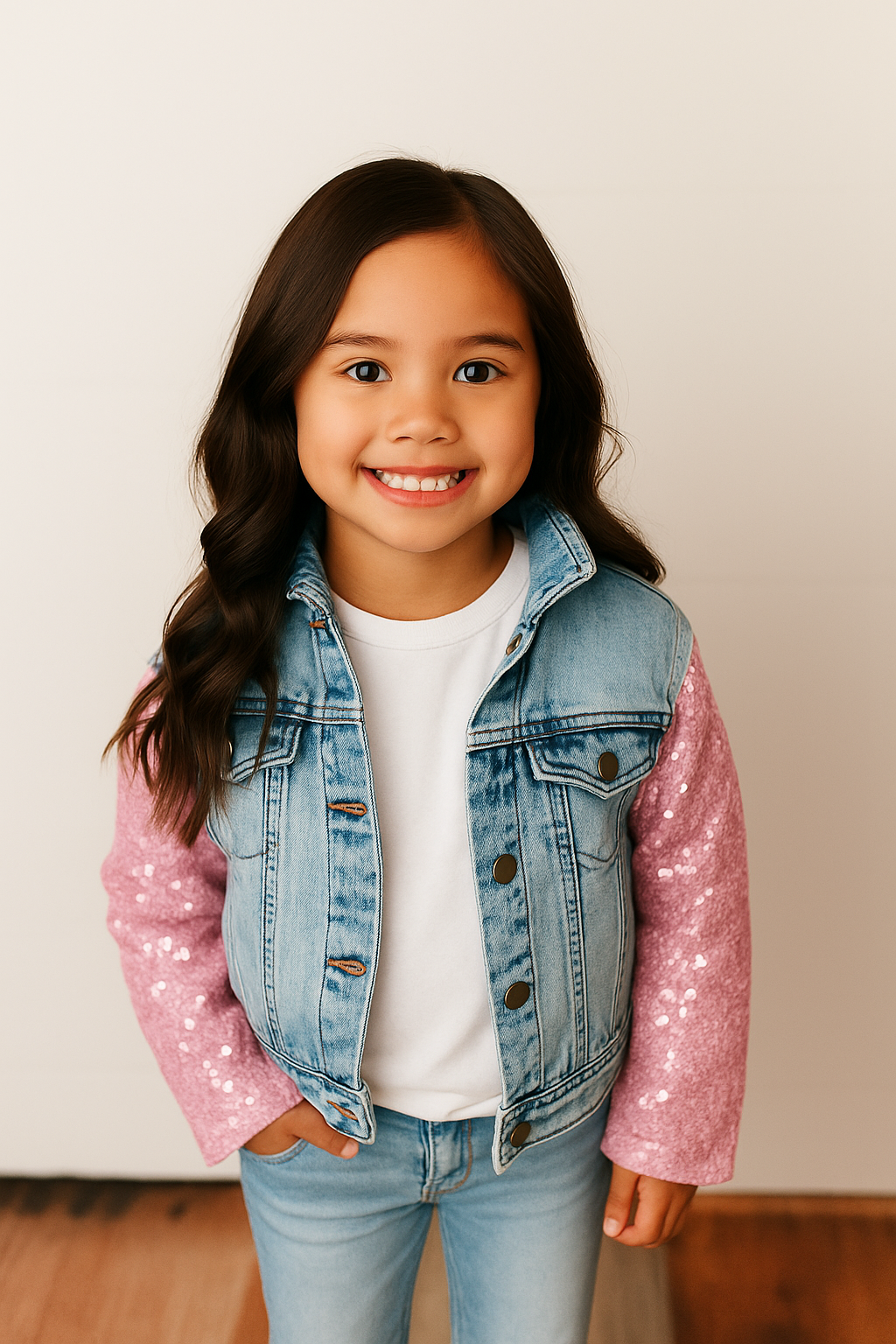 Kids Pink Sequin & Light Wash Denim Button Pocket Jacket