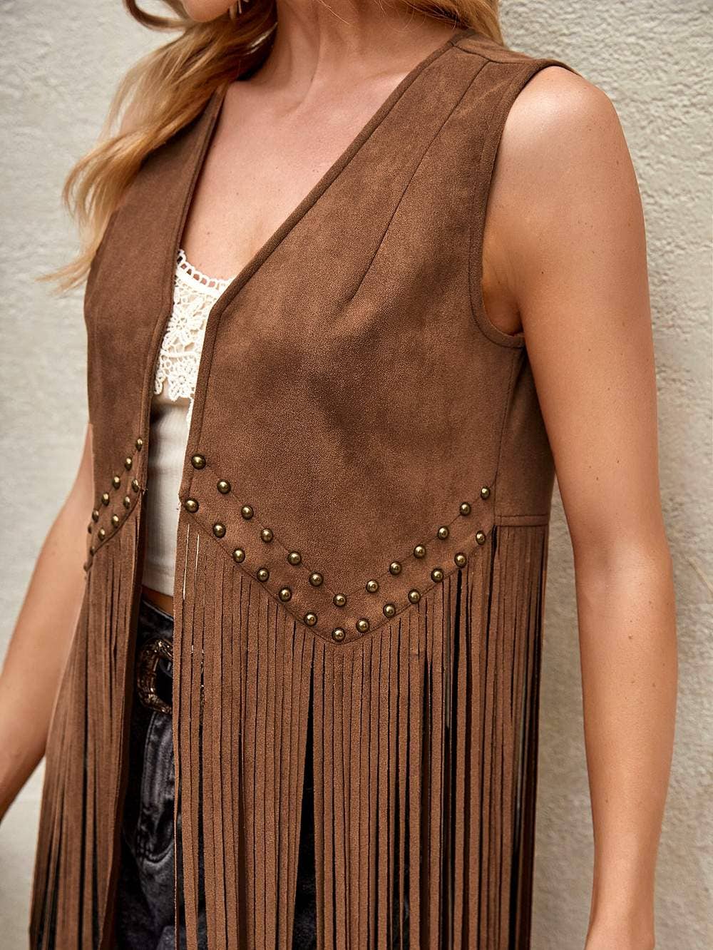 Studded detail fringe hem vest