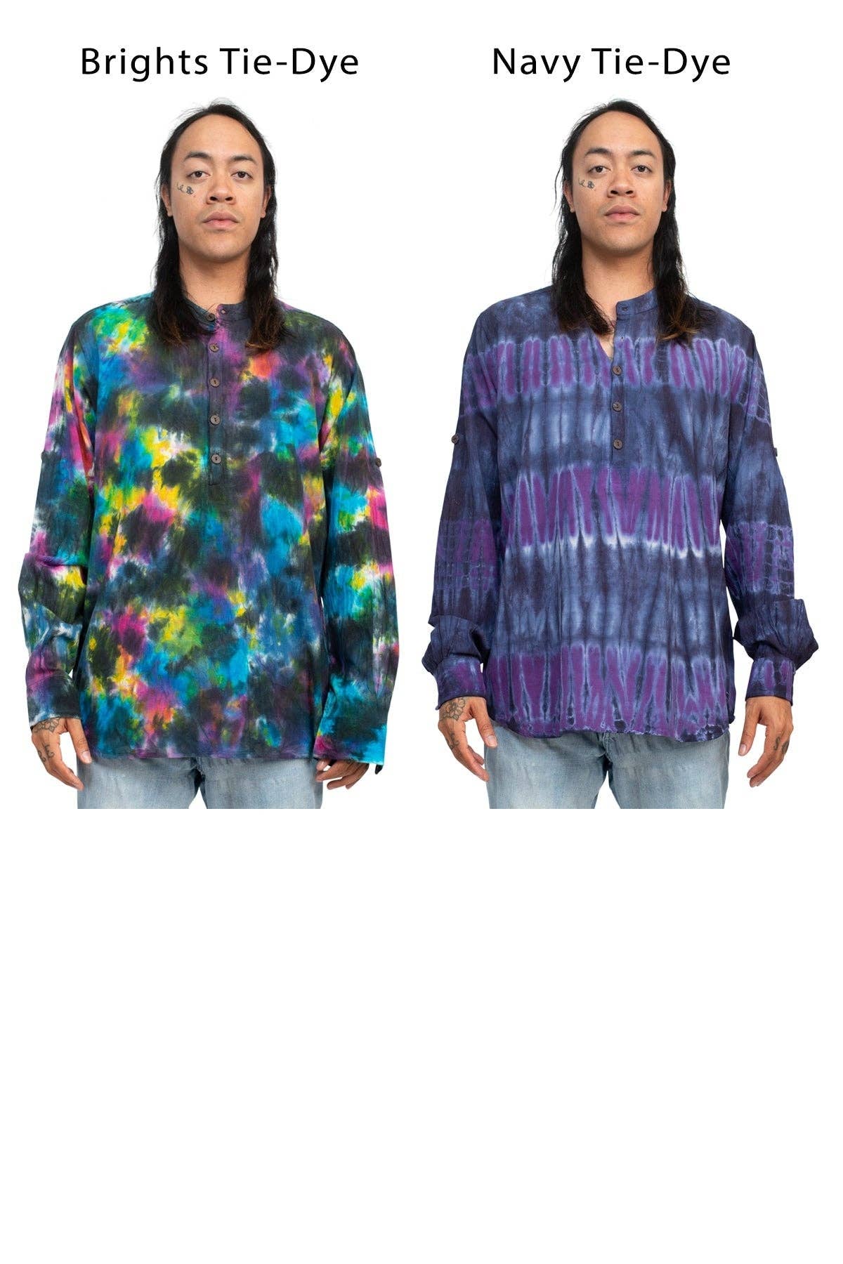 Tie-dye Homespun Long Sleeve Men's Cotton Henley Shirt