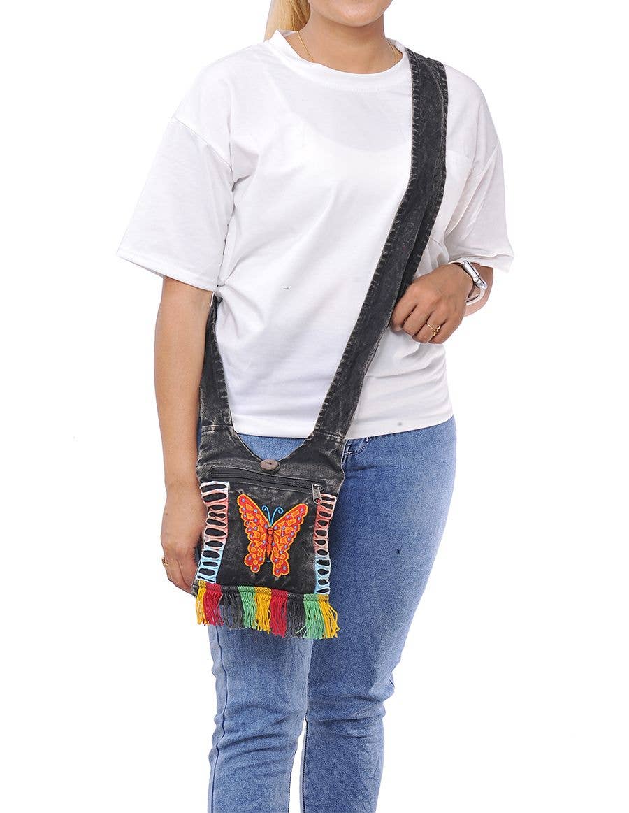 Butterfly Embroidered Hippie Boho Crossbody Mini Hobo Bag