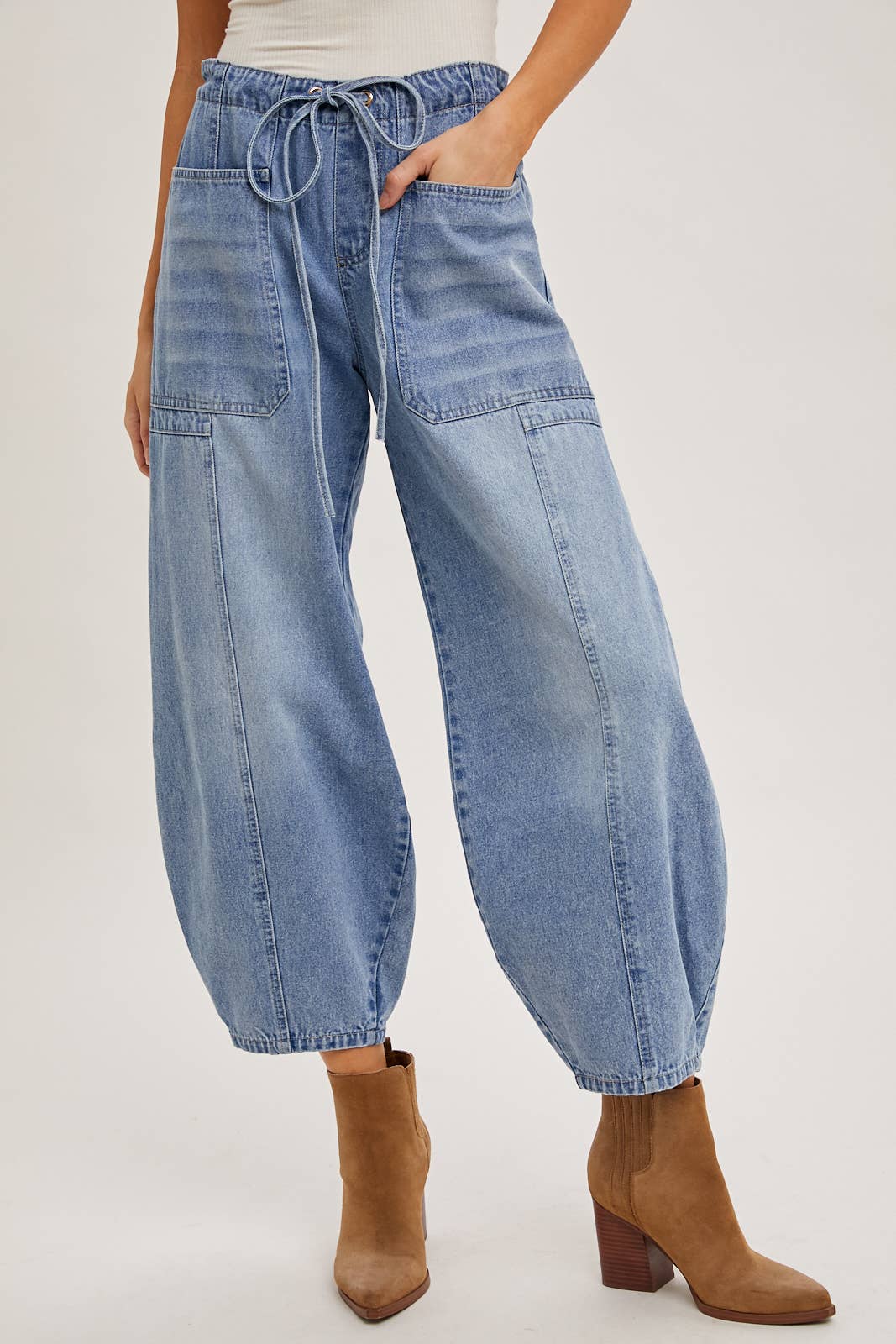 S-DARKDENIM MID-WAIST DRAWSTRINGS BARREL JEANS
