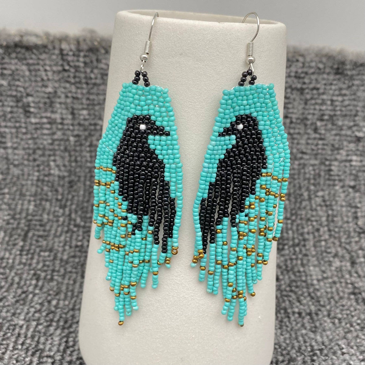 Boho Crow Pattern Seed Bead Fringe Earrings - BJ/SB
