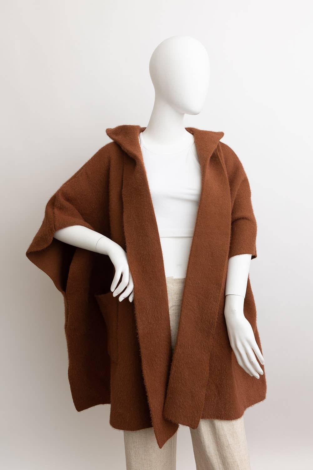 Cozy Plush Solid Color Hooded Ruana: Camel
