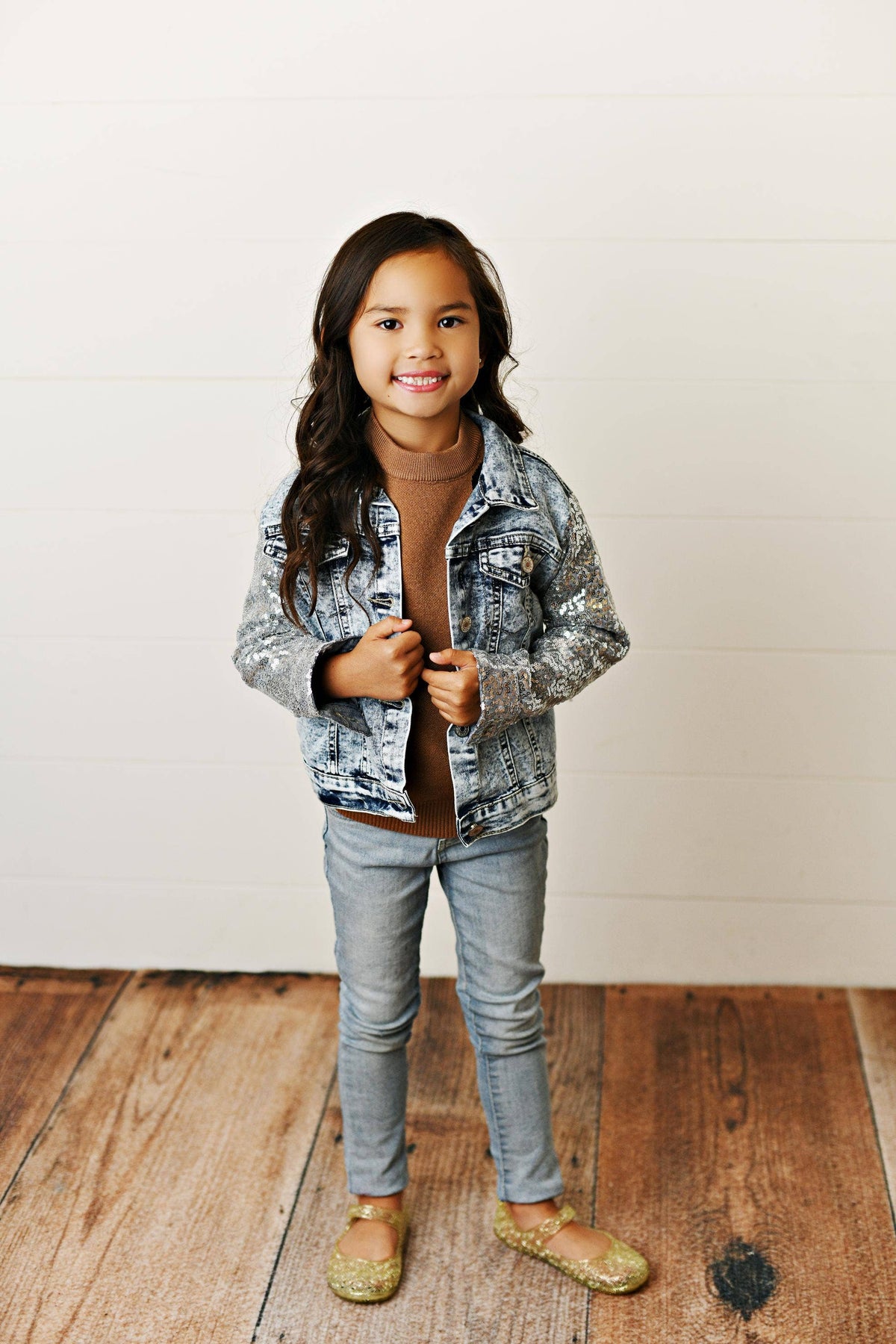 Kids Silver Sequin & Light Wash Denim Button Pocket Jacket