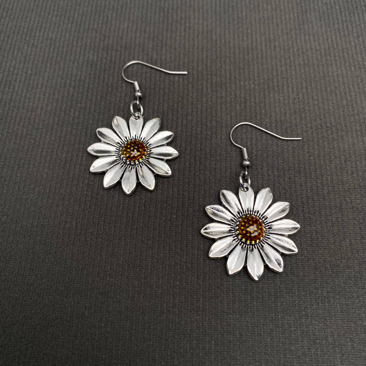 Silver Tone Enamel Sunflower Dangle Earrings