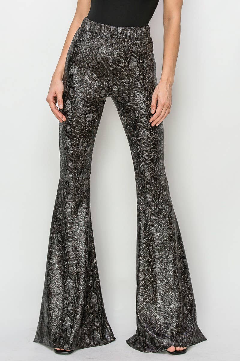 PLUS SIZE PYTHON GOLD FOIL BELLBOTTOM KNIT PANTS-2300PAD