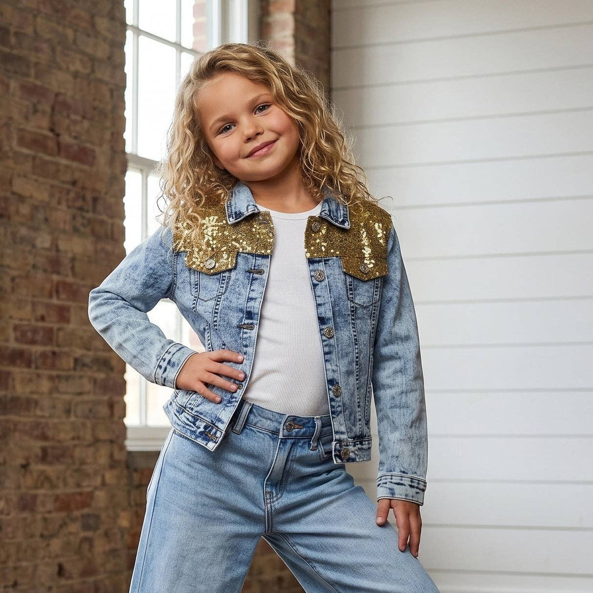 Kids Luxe Gold Sequin & Light Wash Denim Button Jacket