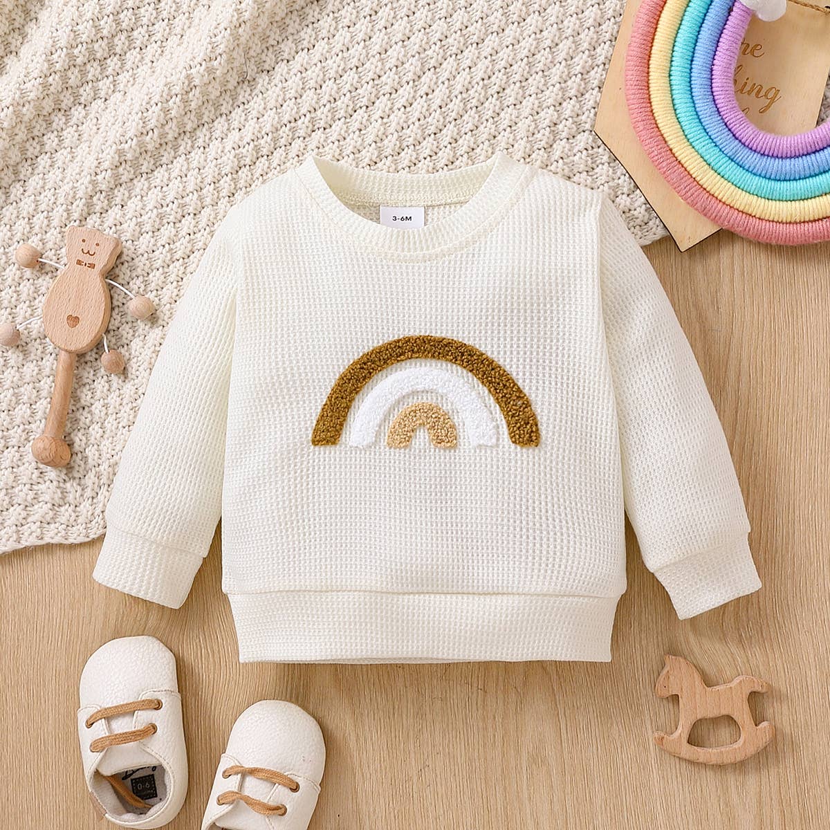 Baby BoyGirl Rainbow Pattern Waffle Long-sleeve Sweatshirt