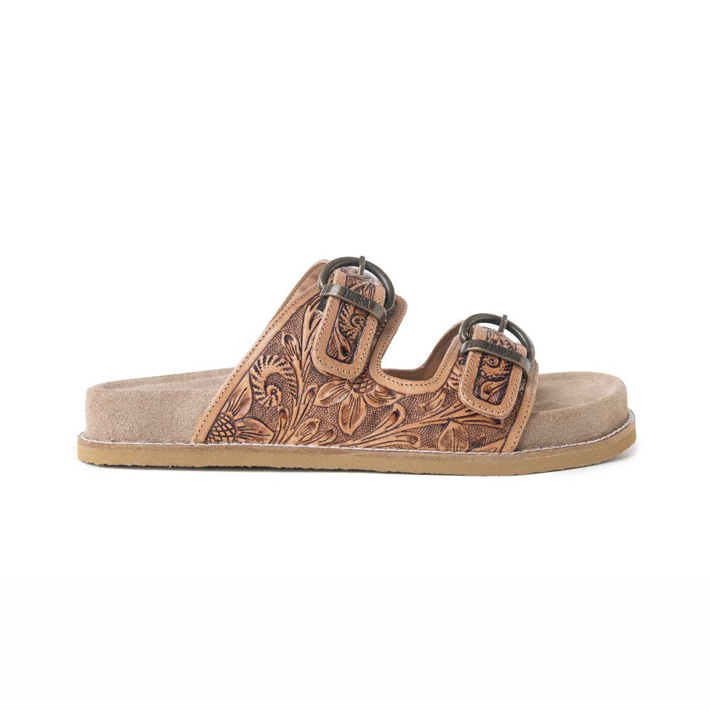 Willow Bloom Handtooled Leather Sandals in Ashen Brown