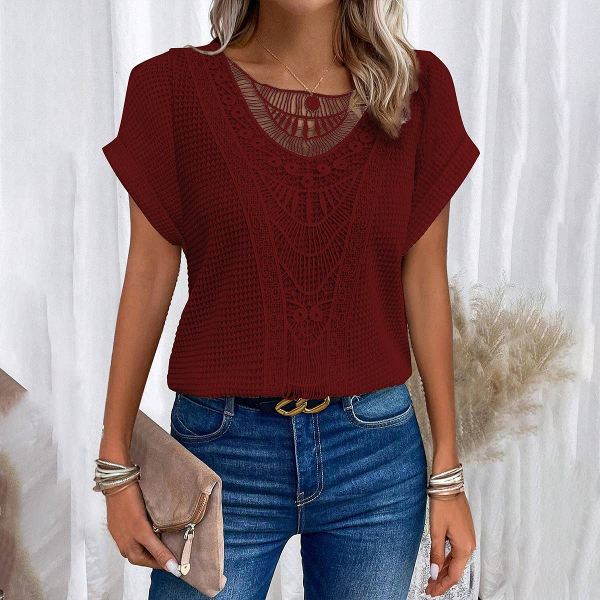 CUT-OUT LACE PATCHWORK SHORT SLEEVE T-SHIRT