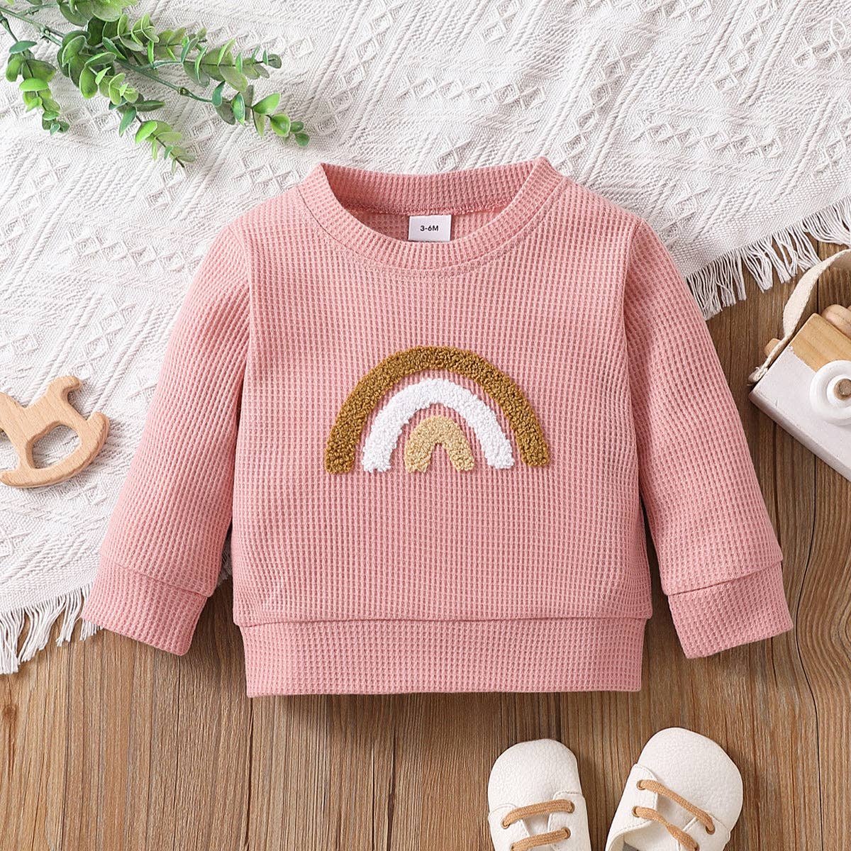 Baby BoyGirl Rainbow Pattern Waffle Long-sleeve Sweatshirt
