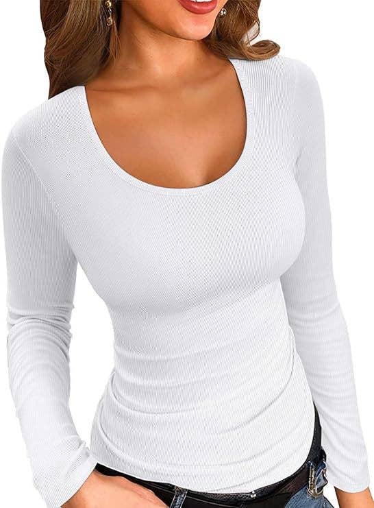 Ribbed Scoop Neck Long Sleeve Slim Fit