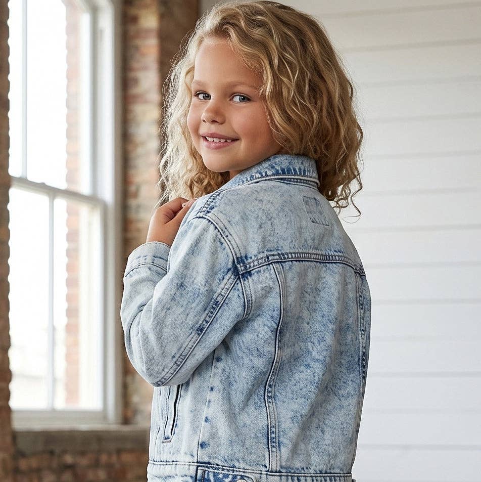 Kids Luxe Gold Sequin & Light Wash Denim Button Jacket