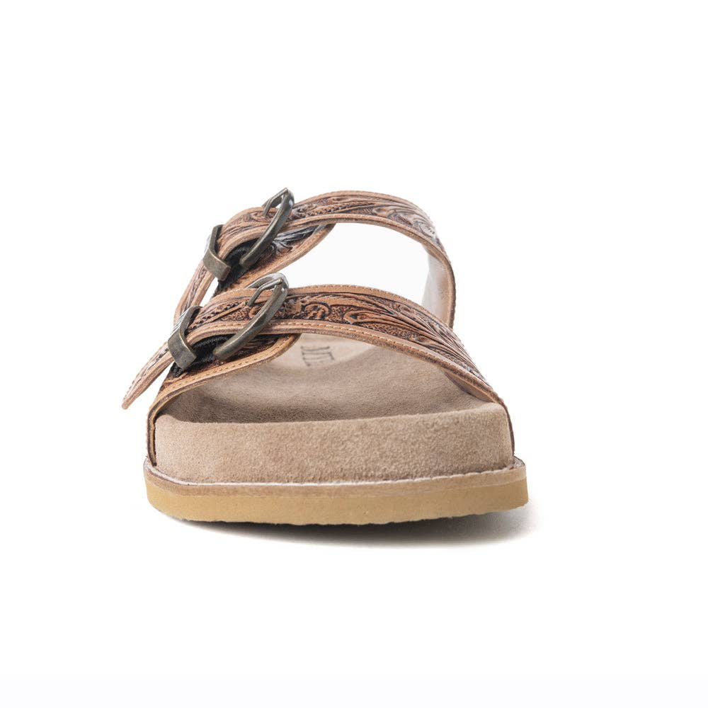 Willow Bloom Handtooled Leather Sandals in Ashen Brown