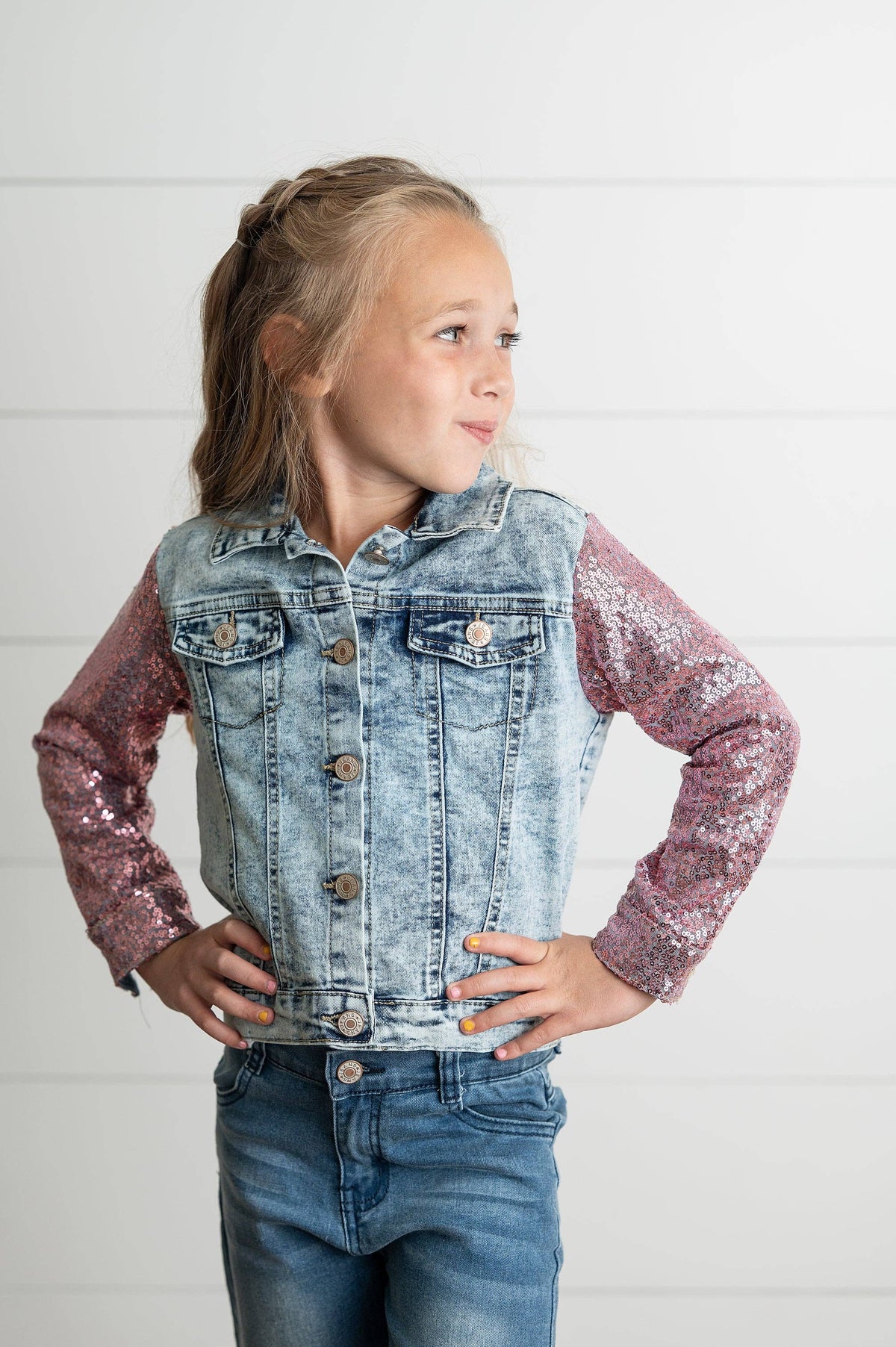 Kids Pink Sequin & Light Wash Denim Button Pocket Jacket