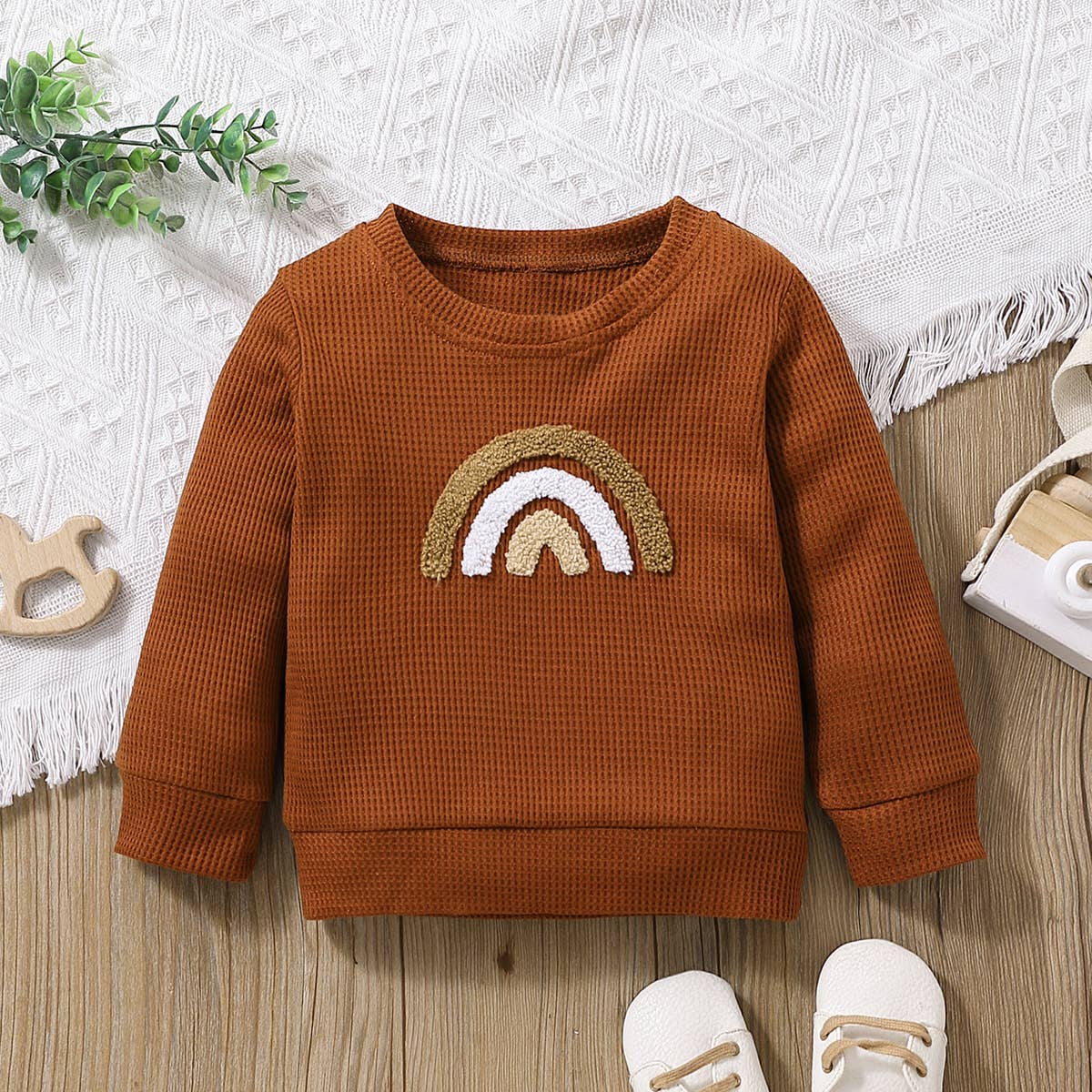 Baby BoyGirl Rainbow Pattern Waffle Long-sleeve Sweatshirt