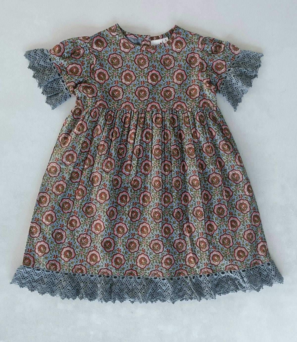 Grey Floral Printed Short Sleeves Gathered Dress : Infant : Baby : Toddler : Tween : Kids