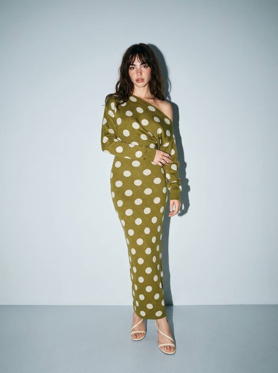 OLIVE / M- Polka Dot Off The Shoulder Sweater Knit Maxi Dress