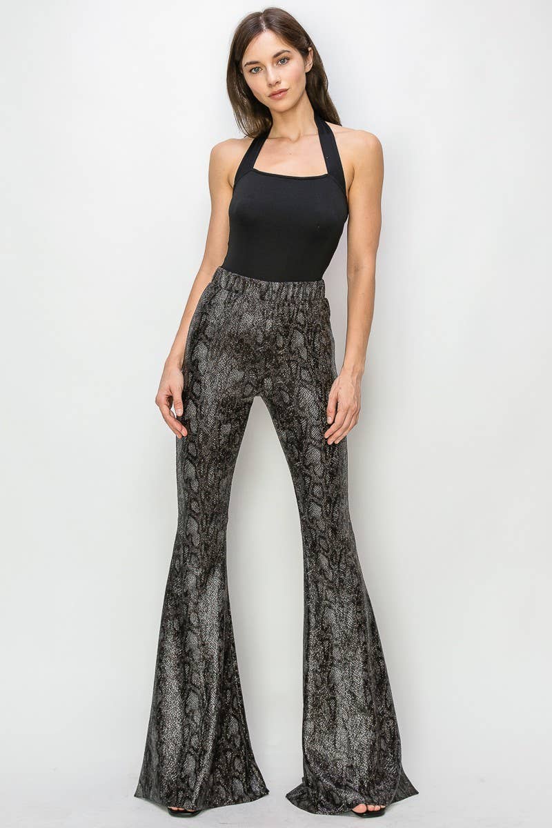 PLUS SIZE PYTHON GOLD FOIL BELLBOTTOM KNIT PANTS-2300PAD