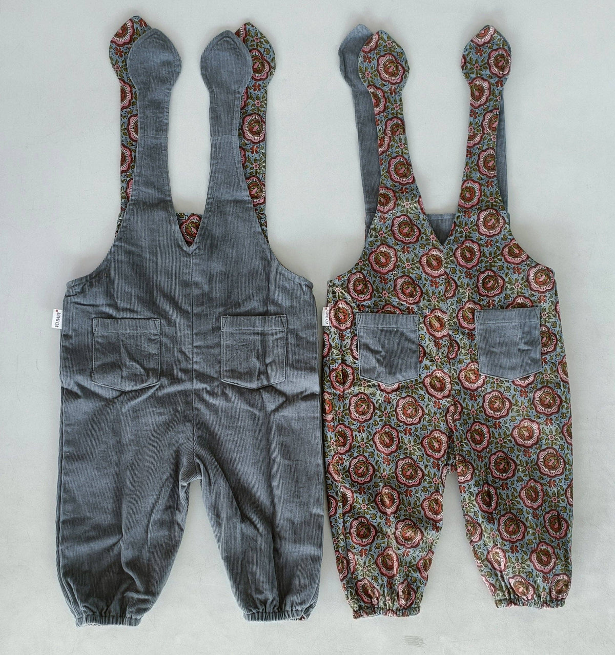 Reversible Solid Grey Corduroy & Grey Floral Printed Jumpsuit : Infant : Baby : Toddler : Tween : Kids