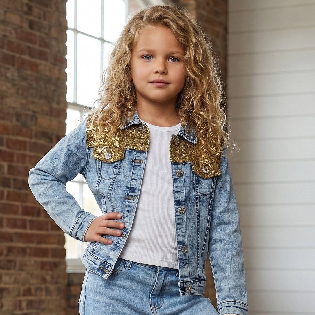 Kids Luxe Gold Sequin & Light Wash Denim Button Jacket