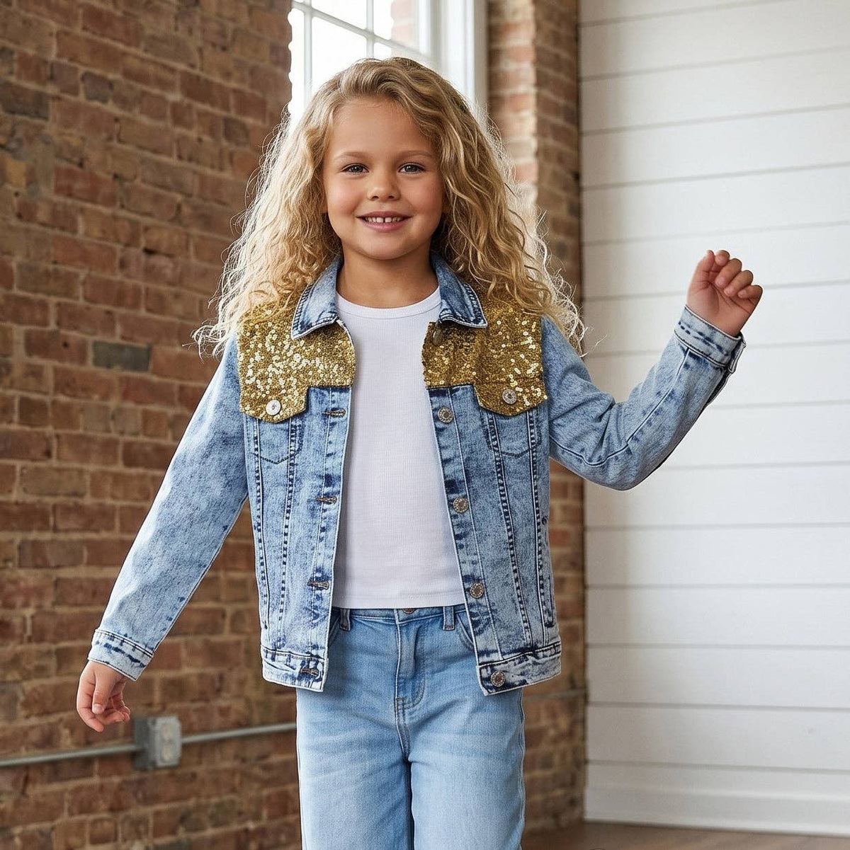 Kids Luxe Gold Sequin & Light Wash Denim Button Jacket