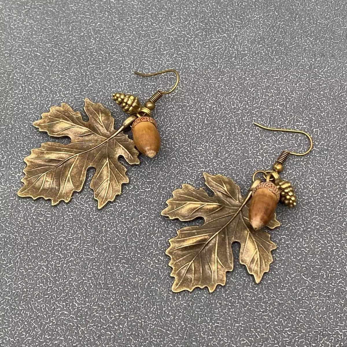 Acorn & Metal Maple Leaves Charm Dagnle Earrings