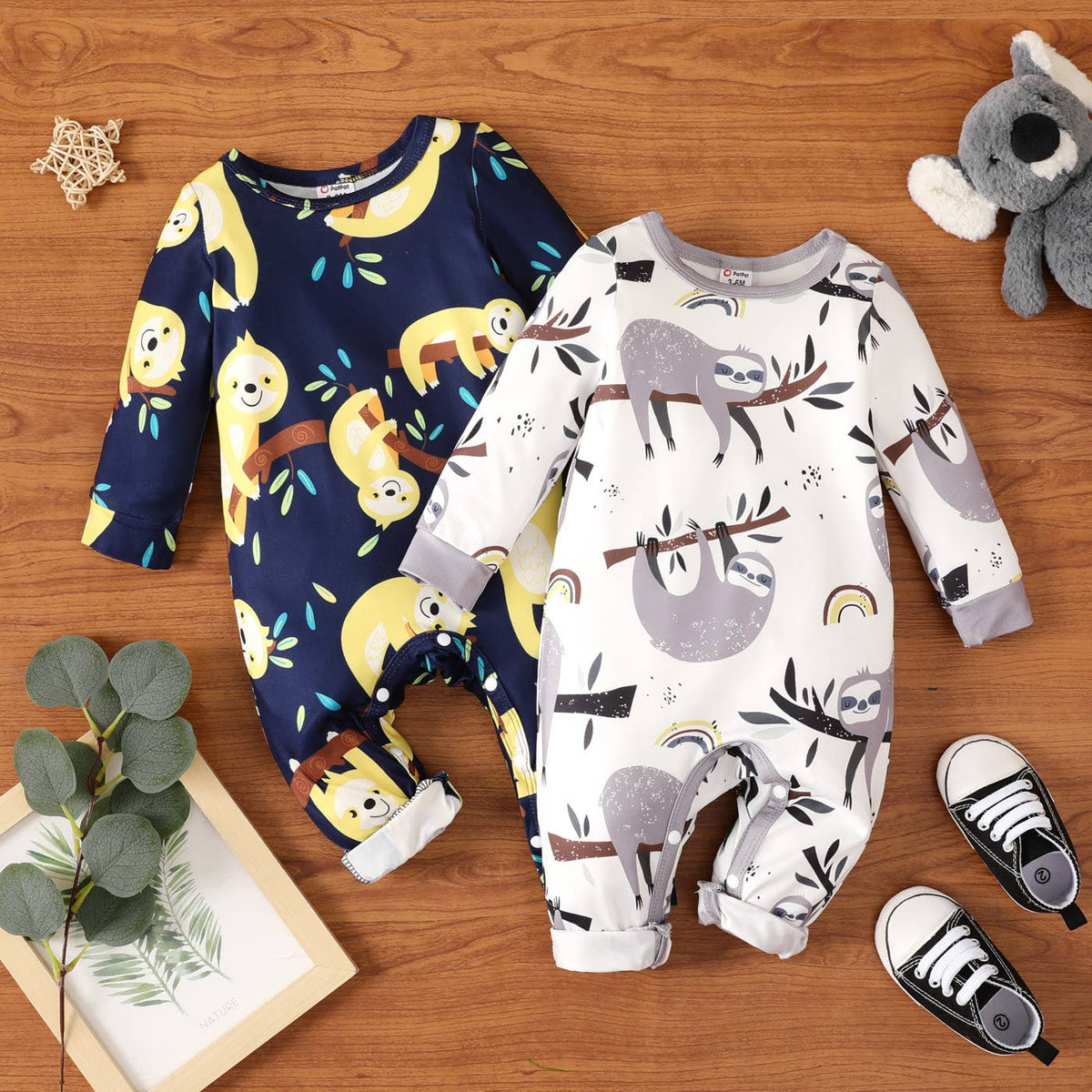 Baby Boy Cartoon Sloth Print White Long-sleeve Jumpsuit