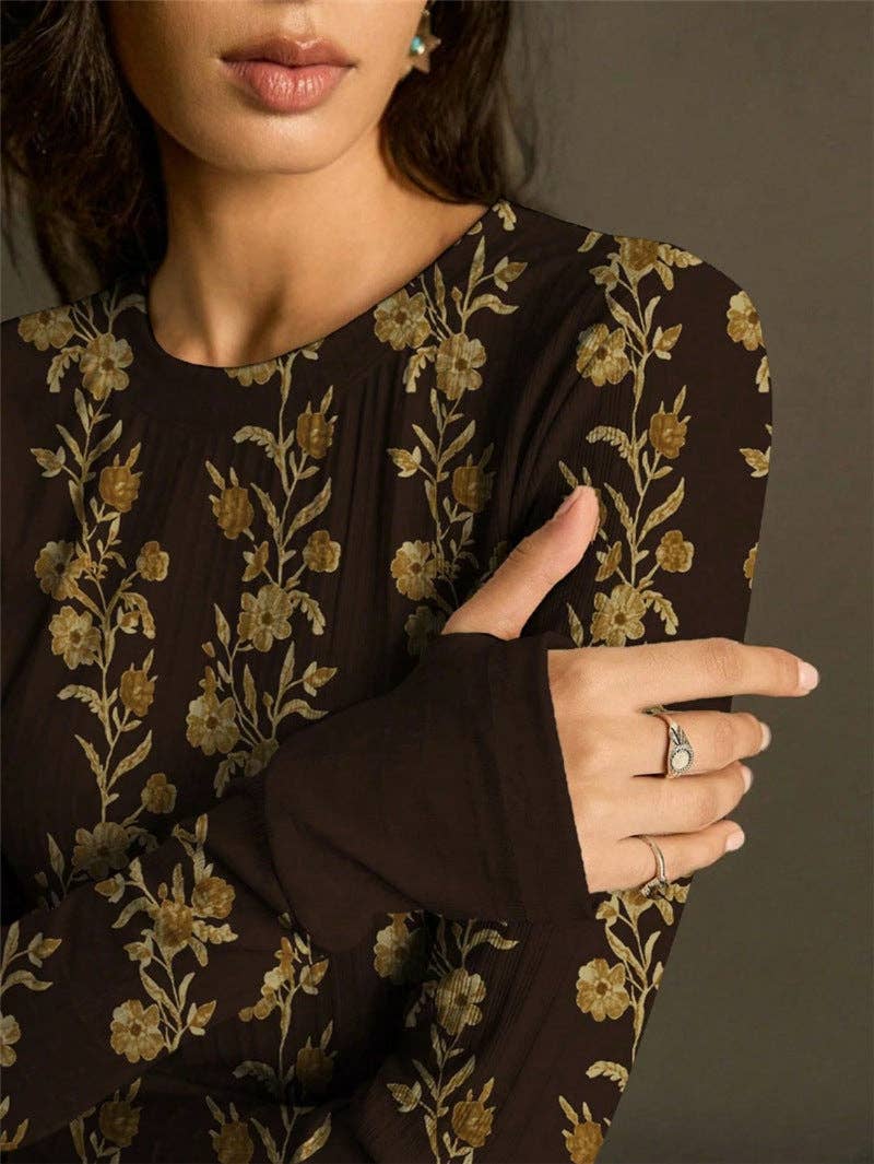Vintage Floral Ribbed Fitted Long Sleeve