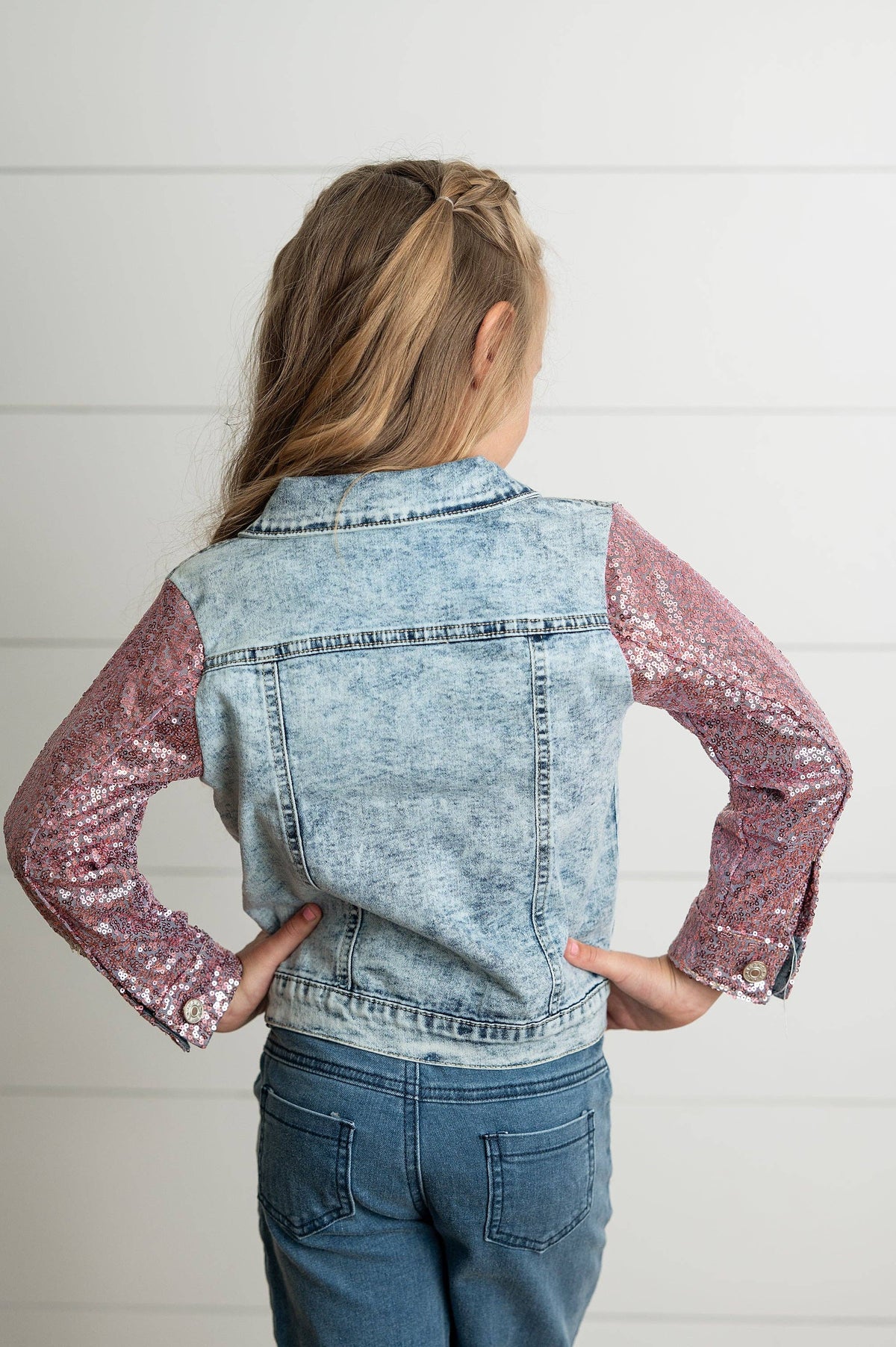 Kids Pink Sequin & Light Wash Denim Button Pocket Jacket