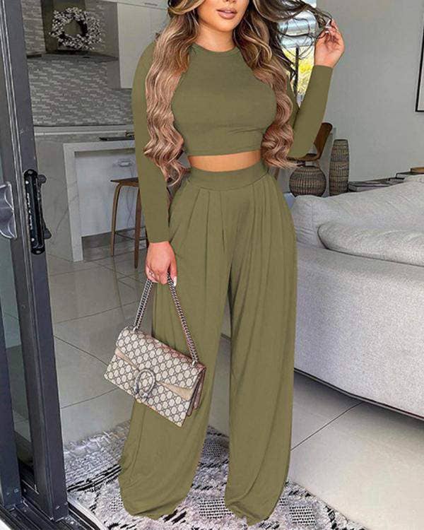 GRN Long sleeve crop top wide leg pants set