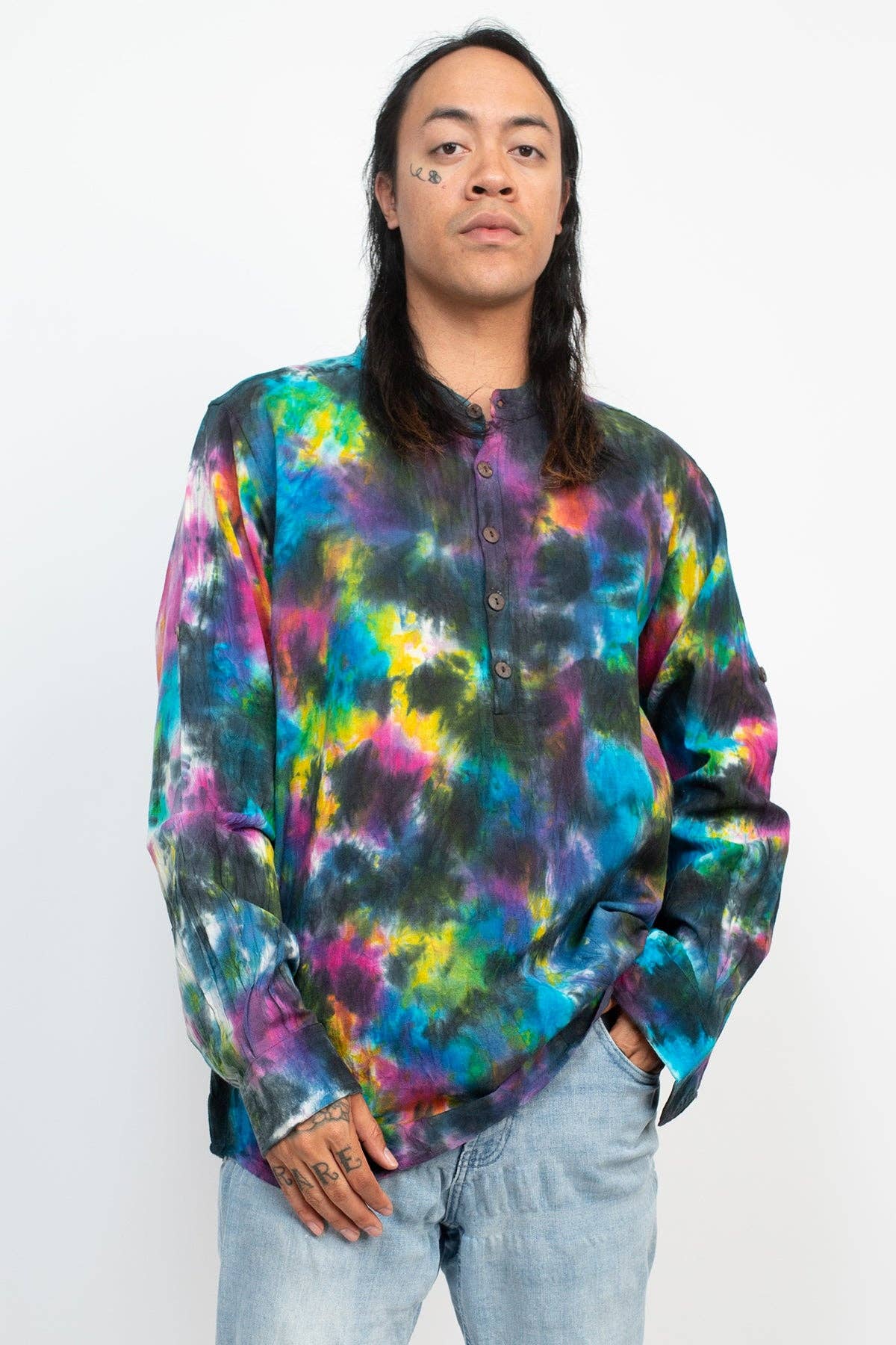 Tie-dye Homespun Long Sleeve Men's Cotton Henley Shirt