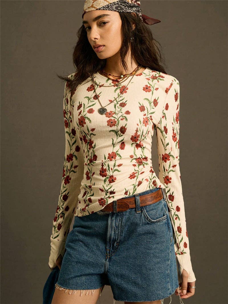 Vintage Floral Ribbed Fitted Long Sleeve