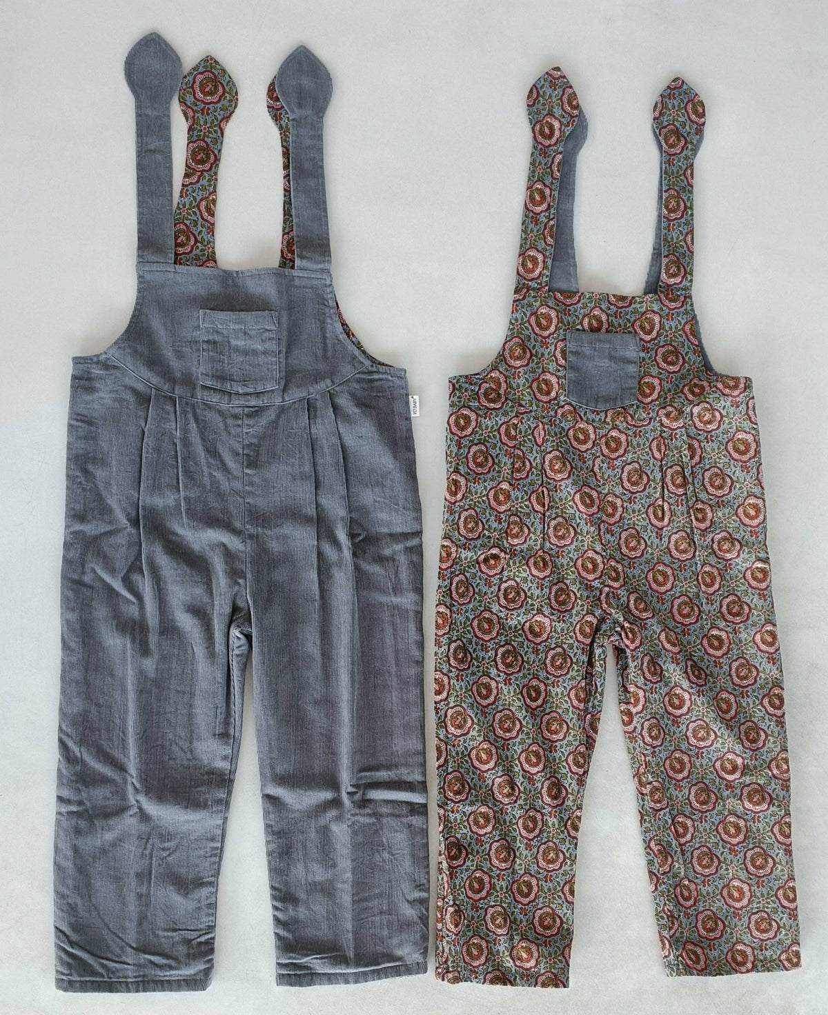 Reversible Solid Grey Corduroy & Grey Floral Printed Jumpsuit : Infant : Baby : Toddler : Tween : Kids