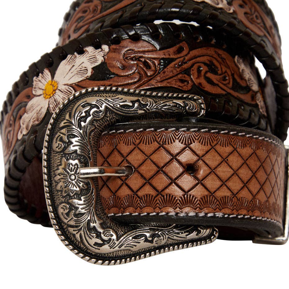 Checkered brown  Hand-Tooled  Leather Women's Belt: Brown