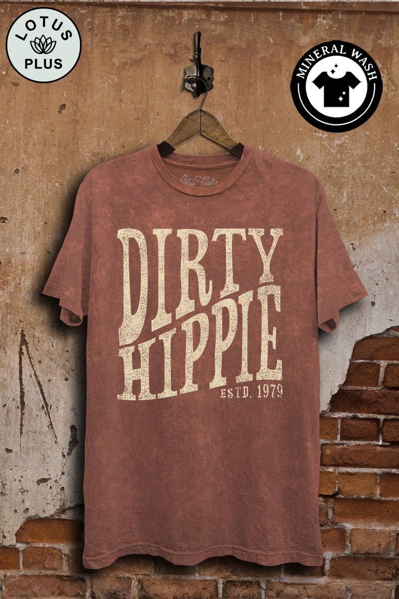 3XL - Dirty Hippie Graphic Top: Mocha Mineral Wash / 3XL